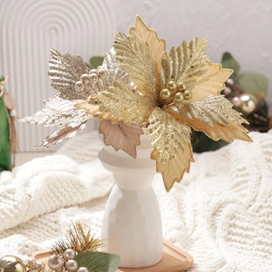25cm gold and silver velvet Christmas flowers with glitter in a vase for tree decor