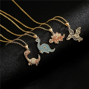 Dinosaur Pendant Necklace Gold Plated Copper Micro Pave Zircon Iced Out Hip Hop Cartoon Jewelry For Women Men