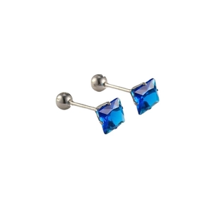 Square cut deep blue zircon earrings in silver stainless steel with screw back closures
