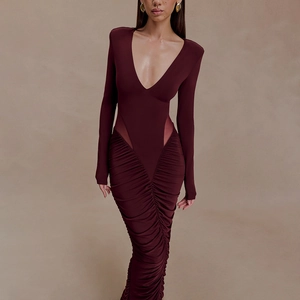 Robe Maxi Sexy Pour Femmes Col En V Manches Longues Ruched Mesh Patchwork Slim Fit Bodycon Robe Longue De Soirée