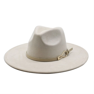 Beige faux suede felt fedora hat with elegant gold buckle strap for autumn and winter