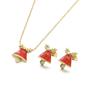 Christmas jewelry set with red bell necklace and reindeer stud earrings on white background