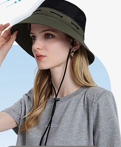 Detail of army green outdoor sun hat showing breathable black mesh and adjustable chin strap