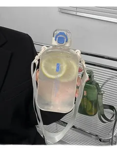 Flat transparent water bottle with lemon slices, blue logo and white carrying strap