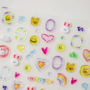 3D colorful rainbow and bunny nail art stickers with 3D embossed texture for DIY
