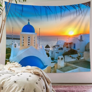 Detailed view of Santorini tapestry fabric with blue domes and sunset sunset scenery
