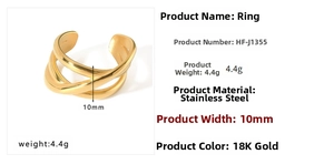 Detail view of 18K gold-plated stainless steel layered ring with 10mm width and 4.4g weight