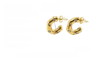 Detail view of 19mm gold plated stainless steel C-shaped earring with inset crystals