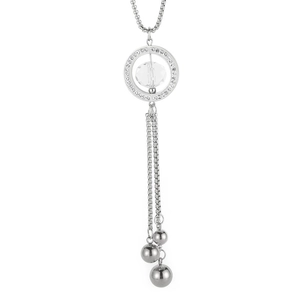 Minimalist silver glass ring sweater necklace with crystals and triple bead chain tassels