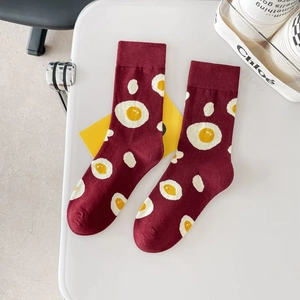 Dark red cotton crew socks featuring a playful fried egg jacquard pattern for couples