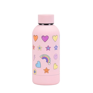 Detail of pink matte stainless steel bottle with colorful rainbow and heart patterns