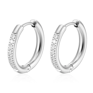Elegant silver stainless steel hoop earrings with sparkling diamonds and polished finish