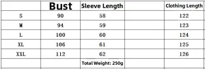 Size guide table for V-neck maxi dress with chest and length measurements from S to XXL