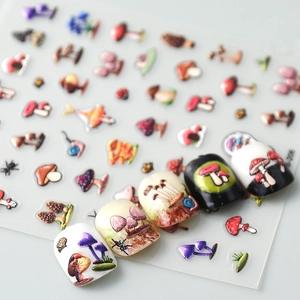 Macro shot of 5D embossed mushroom garden nail art stickers with 3D texture details