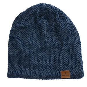 Men's winter knit beanie hat in navy blue plaid pattern with leather logo detail