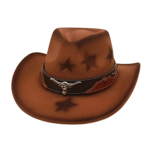 Brown wool felt western cowboy hat with star patterns and silver bull head metal buckle