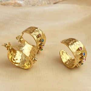 Hammered 18K gold-plated C-shape earrings with colorful cubic zirconia accents