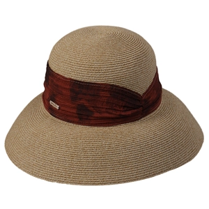 Elegant wide brim straw sun hat with deep red fabric band and small metallic emblem