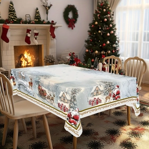 Detailed Christmas tablecloth with Santa, reindeer sleigh, and festive village digital print