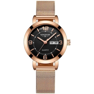 Rose gold quartz watch with mesh strap and black dial featuring dual calendar display