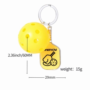 Pickleball paddle and ball keychain set with yellow sports pendant and size markings
