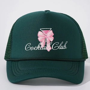 Dark green mesh trucker hat featuring Cocktail Club embroidery and pink bow detail