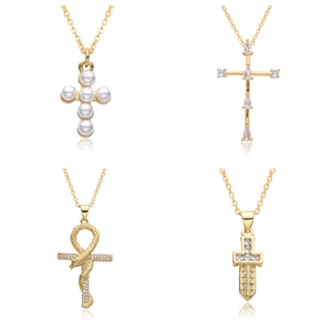 Cross Pendant Necklace Copper With Cubic Zirconia Artificial Pearl Snake Minimalist Gold Plated Clavicle Chain Jewelry For Women