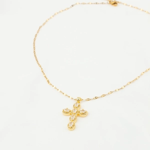 Gold vintage stainless steel cross necklace with sparkling marquise and round zircons