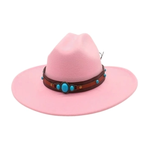 Pink felt western cowboy hat with turquoise beaded leather band in a side view