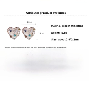 Detail view of heart earrings showing size dimensions and multi-colored rhinestones