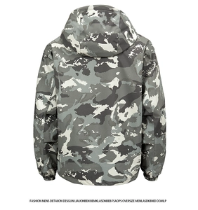 Rear view of a men's camouflage windbreaker jacket featuring a relaxed oversize fit design
