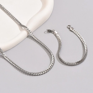 Polished silver stainless steel snake chain necklace and bracelet jewelry set for men