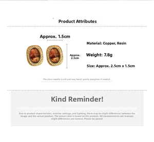 Detail of vintage oval resin earrings with gold plating and S925 silver needles