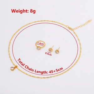 Golden 4-piece jewelry set with 6-claw zircon necklace, stud earrings and ring set