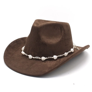 Brown suede western cowboy hat with decorative white heart beads and metal accents