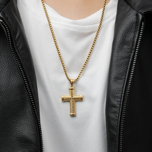 Mens hip hop cross pendant necklace in gold finish with box chain on model
