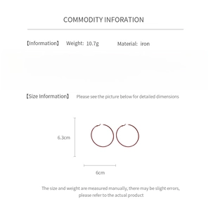 Detailed size chart for red hoop earrings showing 6.3cm height and 6cm width