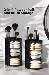 Macro view of multi-layer rotating makeup puff box with clear compartments and brush slots