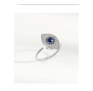 Detailed macro shot of S925 sterling silver evil eye ring with blue stone inlay
