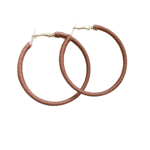 Vintage leopard style brown leather wrapped hoop earrings with gold metal accents