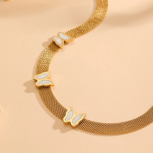 18K gold plated titanium steel flat chain necklace with white butterfly shell charms