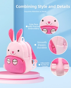 Detail of pink bunny plush backpack showing embroidery, durable zipper and adjustable strap