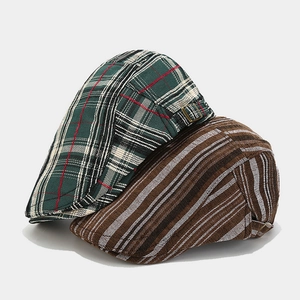 Classic plaid and striped newsboy caps in wool-like fabric with adjustable metal buckles