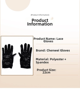 Detail of 22cm black lace floral gloves showing polyester and spandex material texture