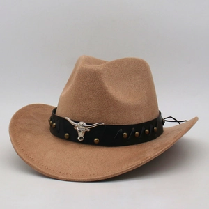 Brown western cowboy felt hat with silver bull head buckle and black leather band