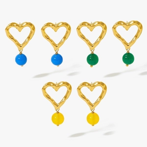 18K Gold Plated Stainless Steel Irregular Hollow Heart Stud Earrings With Agate Beads For Women Fashion Jewelry