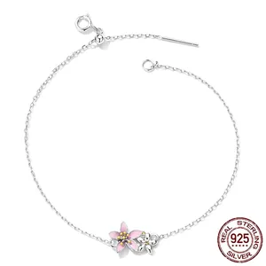 S925 sterling silver cherry blossom bracelet with pink enamel flower charms and adjustable chain
