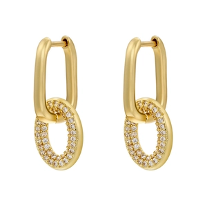 Detailed close-up of golden oval hoop earrings featuring micro-pave white zircon settings