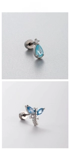 Macro shot of titanium steel blue dragonfly and teardrop zircon stud earrings with screw back