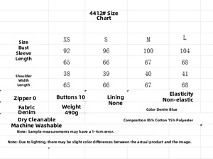 Guide des tailles pour ensemble chemise en jean et pantalon avec mesures et matières